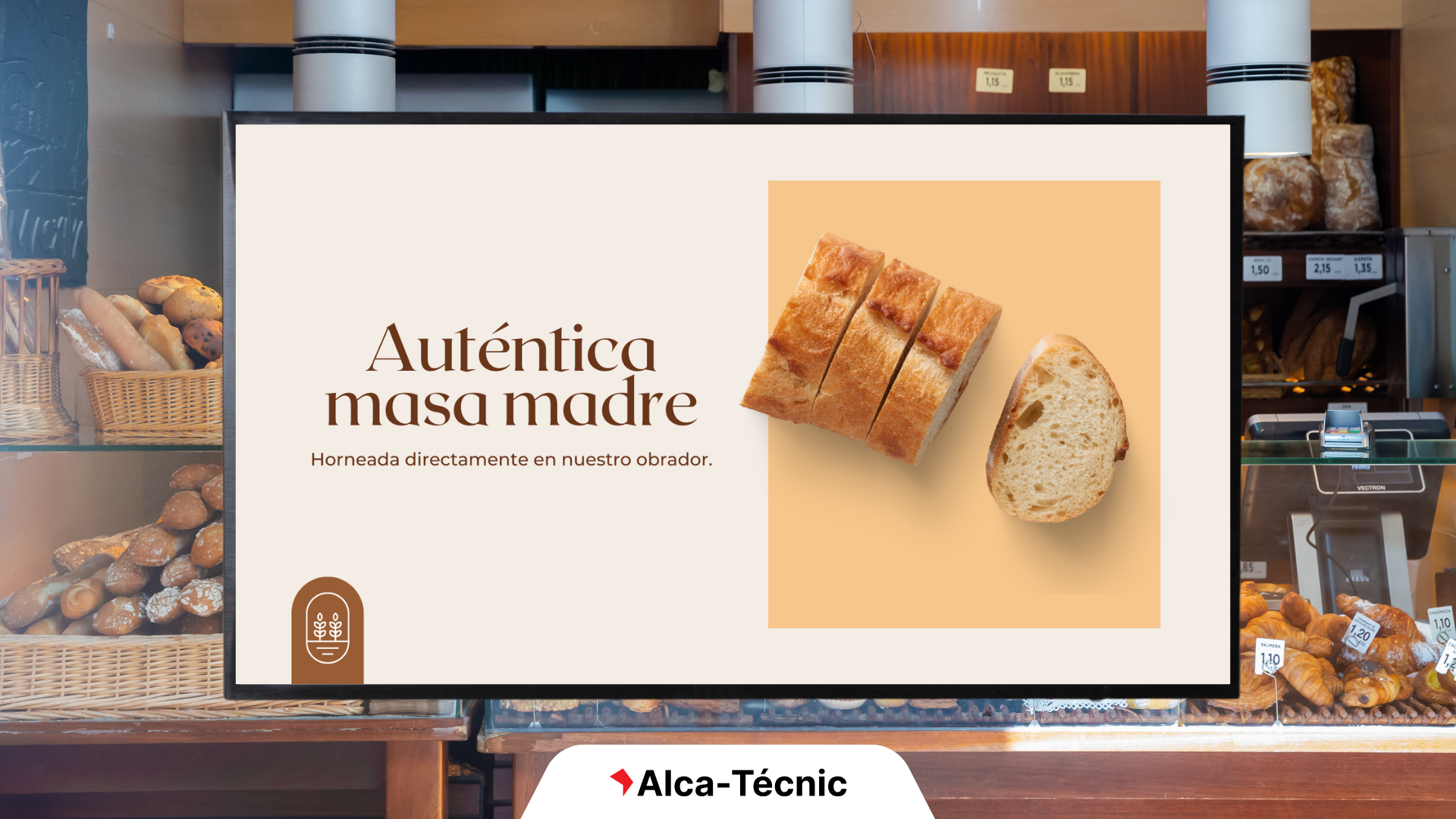 Ejemplo de cartelería digital en una panadería